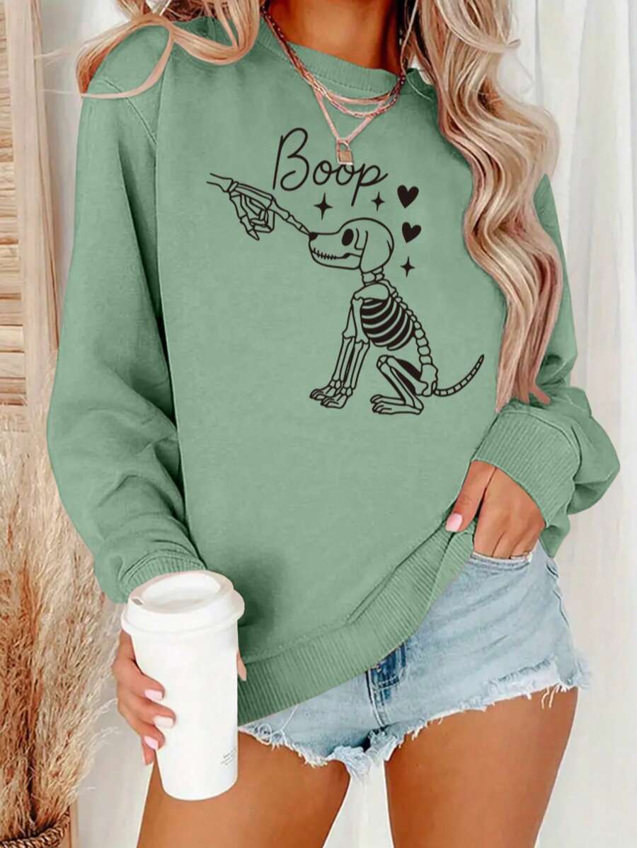 Winter Clothing Gift Ideas - Kadın İskelet Köpek Desenli Sweatshirt, Bisiklet
