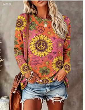 Winter Clothing For Women - Kadın Uzun Kollu Tişört Hippi Papatya